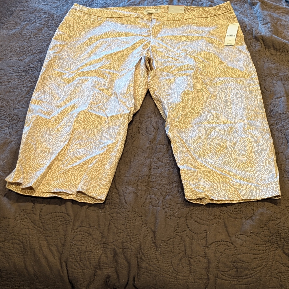 Coldwater Creek Tan & White Printed Cropped Pants Sateen Finish NWT Sz 18